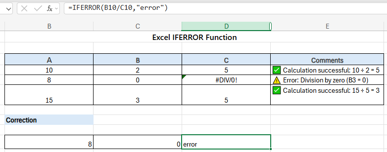 Screenshot of an Excel IFERROR function example, showing calculations and error handling