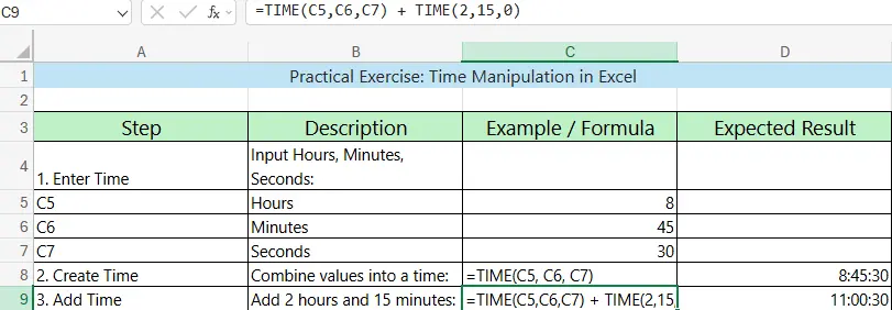 Excel Time Calculation Tutorial: TIME() Function with Dynamic Formatting Excel spreadsheet showing time calculation using TIME() function to add hours and minutes, with formatted hh:mm:ss results