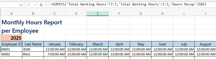 Excel, monthly working hours, employee, 2025, et timesheet formula.