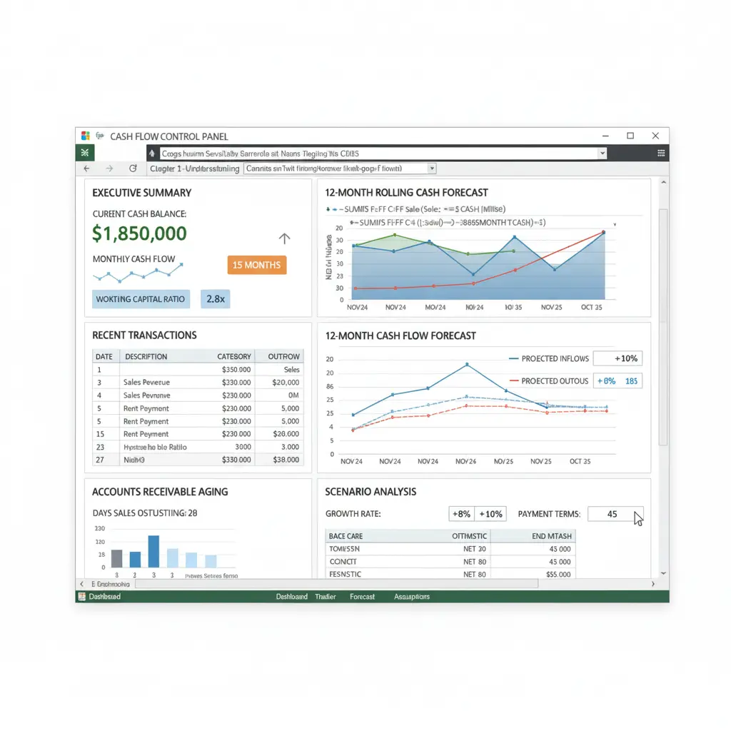 Excel cash management dashboard showing current balance, 12-month forecast chart, recent transactions, accounts receivable aging, and scenario analysis.