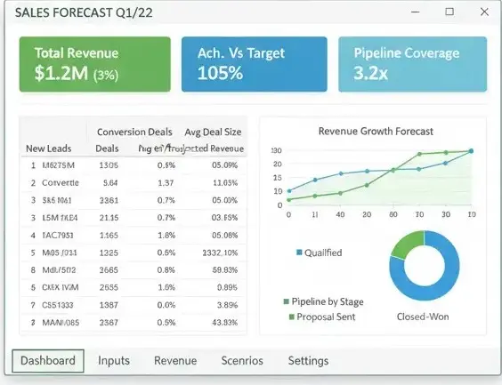 Sales Forecast Dashboard in Excel showing Q1/22 summary, pipeline coverage (3.2x), achieved vs target (105%), revenue growth chart, and pipeline stage breakdown.