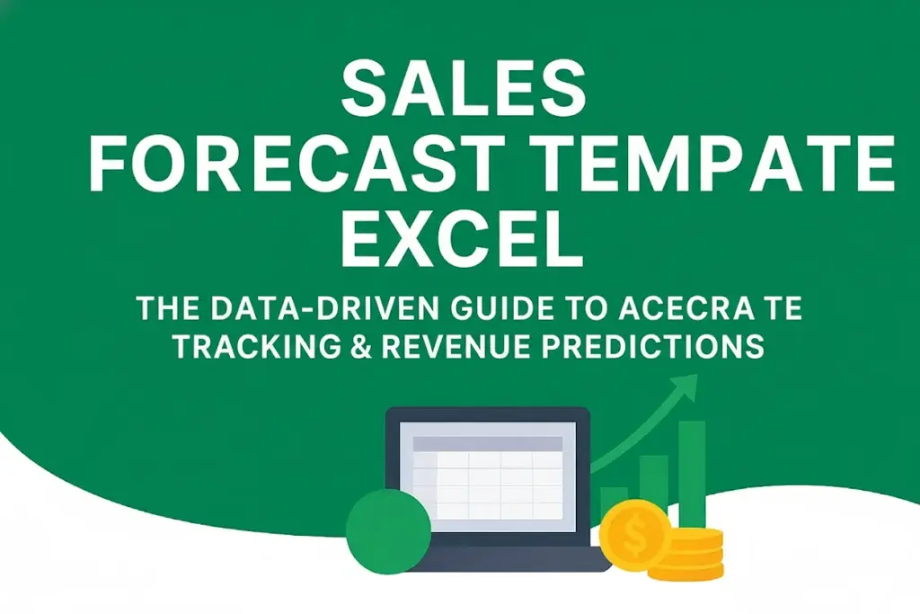 Automated Sales Forecast Template in Excel dashboard showing revenue predictions, a growth chart, and coins.