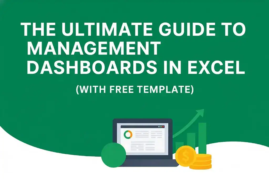 A laptop displaying a management dashboard interface with charts and data, alongside a dollar sign icon and a stack of gold coins, all on a dark green background.