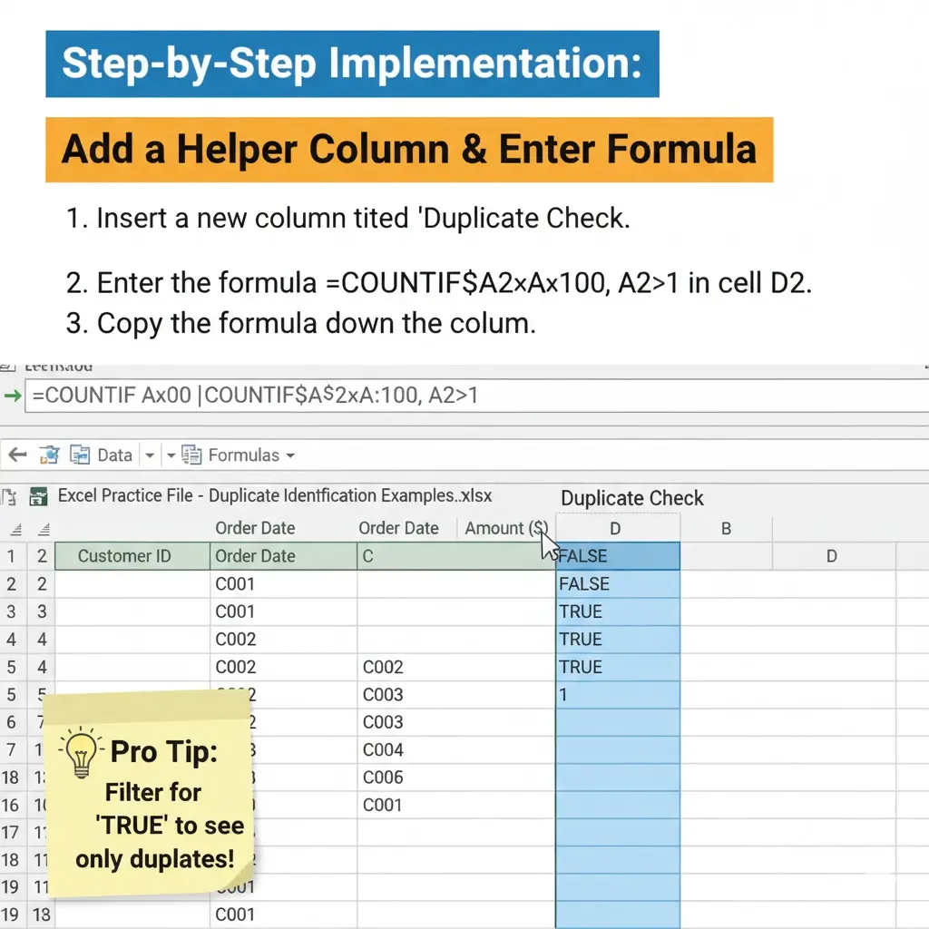 Screenshot showing an Excel spreadsheet with a 'Duplicate Check' helper column, displaying TRUE/FALSE values based on a COUNTIF formula, highlighting how to identify duplicates.