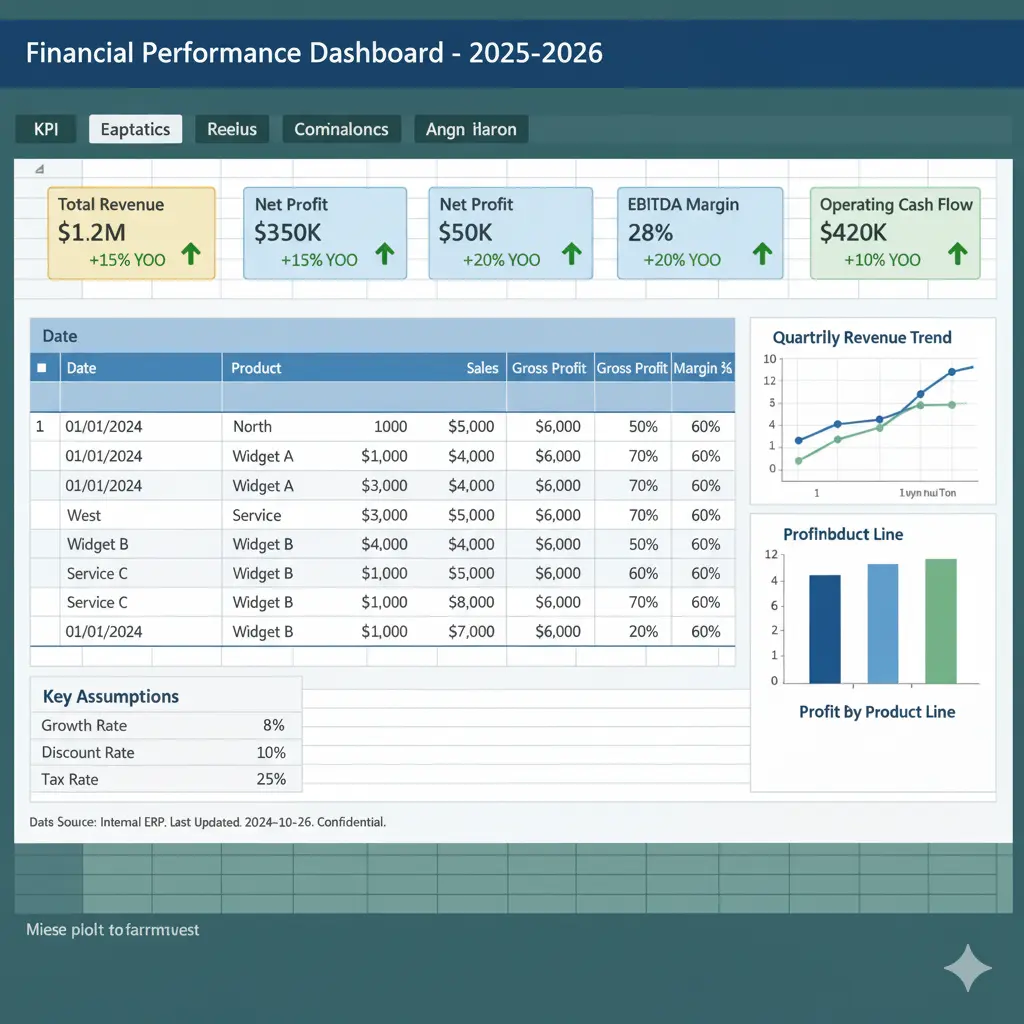 Financial analysis dashboard in Excel displaying key performance indicators and business metrics