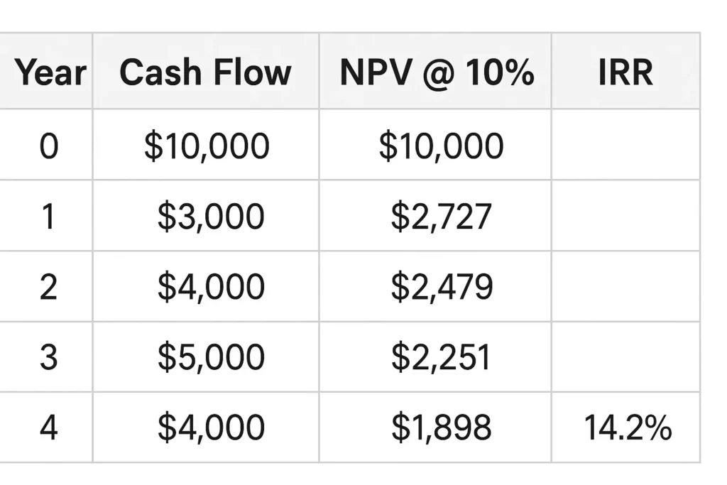 Excel spreadsheet showing NPV and IRR calculations with 5-year cash flow analysis