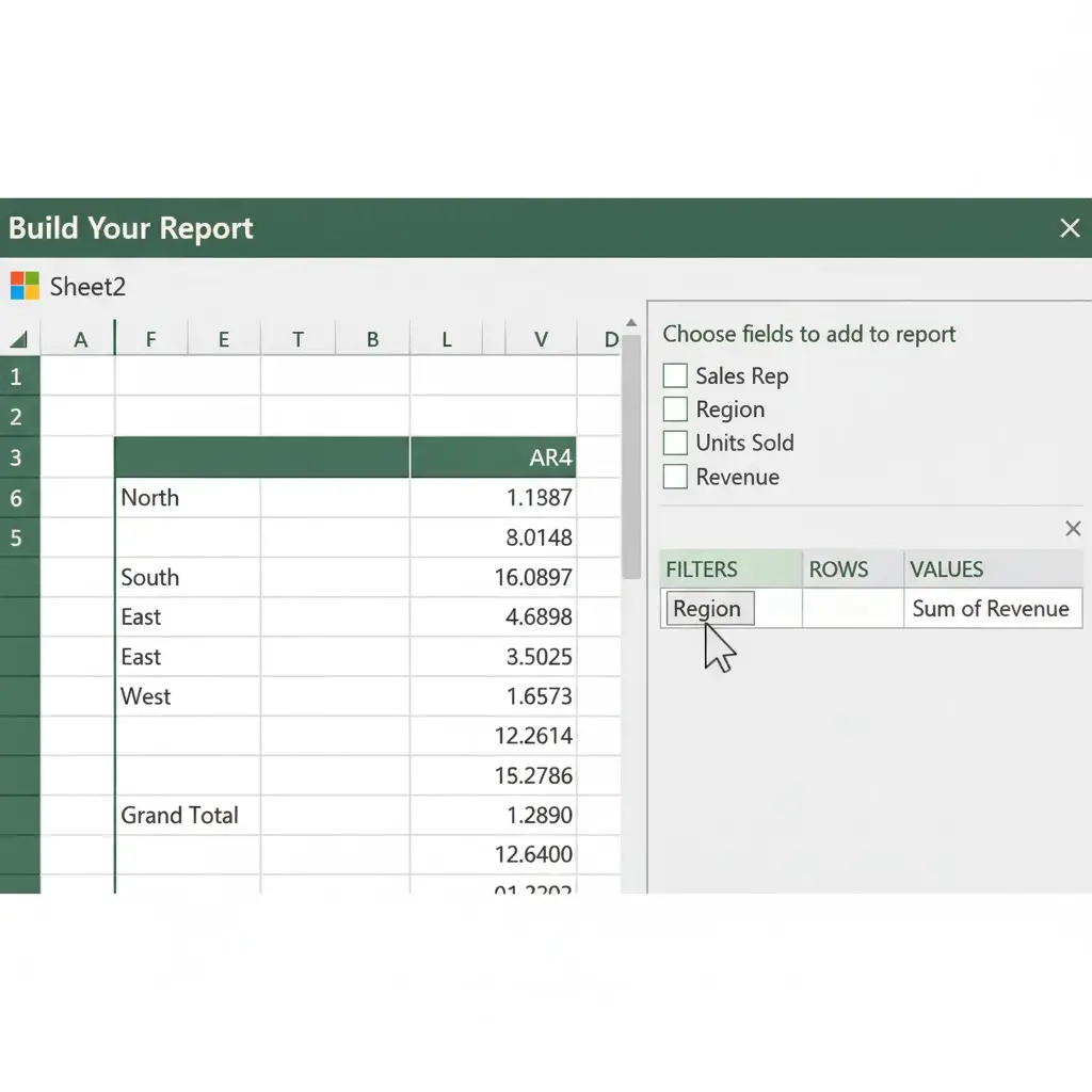 Excel screenshot illustrating Step 3: Build Your Report in a PivotTable. Shows the PivotTable Fields pane with "Region" dragged to ROWS and "Sum of Revenue" in VALUES, alongside the resulting summarized data table.