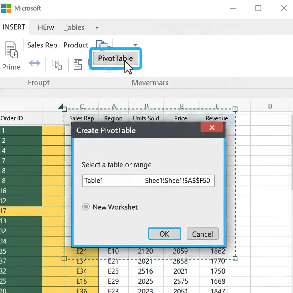 Excel screenshot demonstrating Step 2: Insert Pivot Table. Shows a dataset with "Insert" tab selected, "PivotTable" button highlighted, and the "Create PivotTable" dialog box prompting to select data and location (New Worksheet)