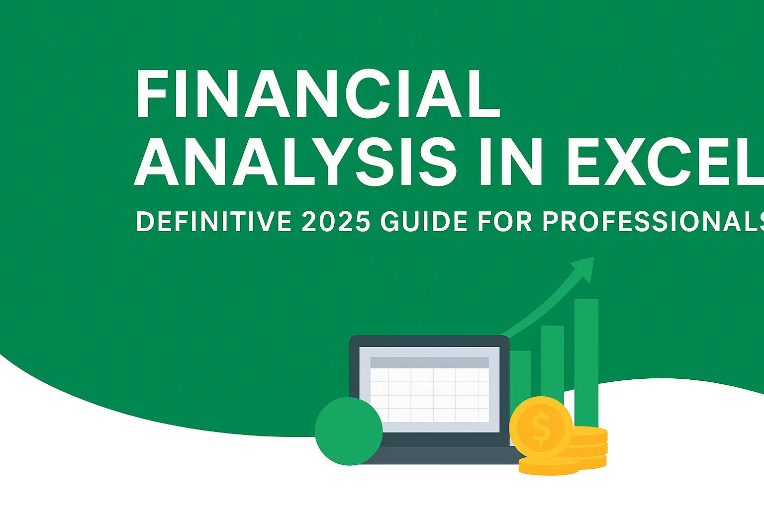 A green banner featuring the title “Financial Analysis in Excel: Definitive 2025 Guide for Professionals” with icons of a laptop, coins, and a growth chart symbolizing financial success.