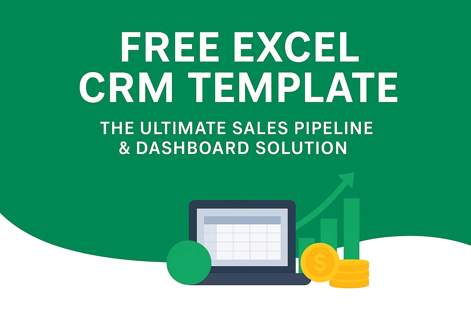 Illustration of a free Excel CRM template featuring a laptop, gold coins, and growth chart icons on a green background