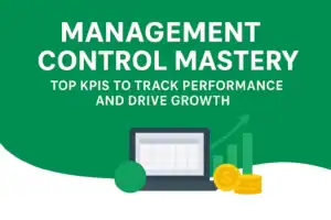 Flat digital illustration showing business professionals analyzing performance dashboards and KPIs for effective management control and growth.