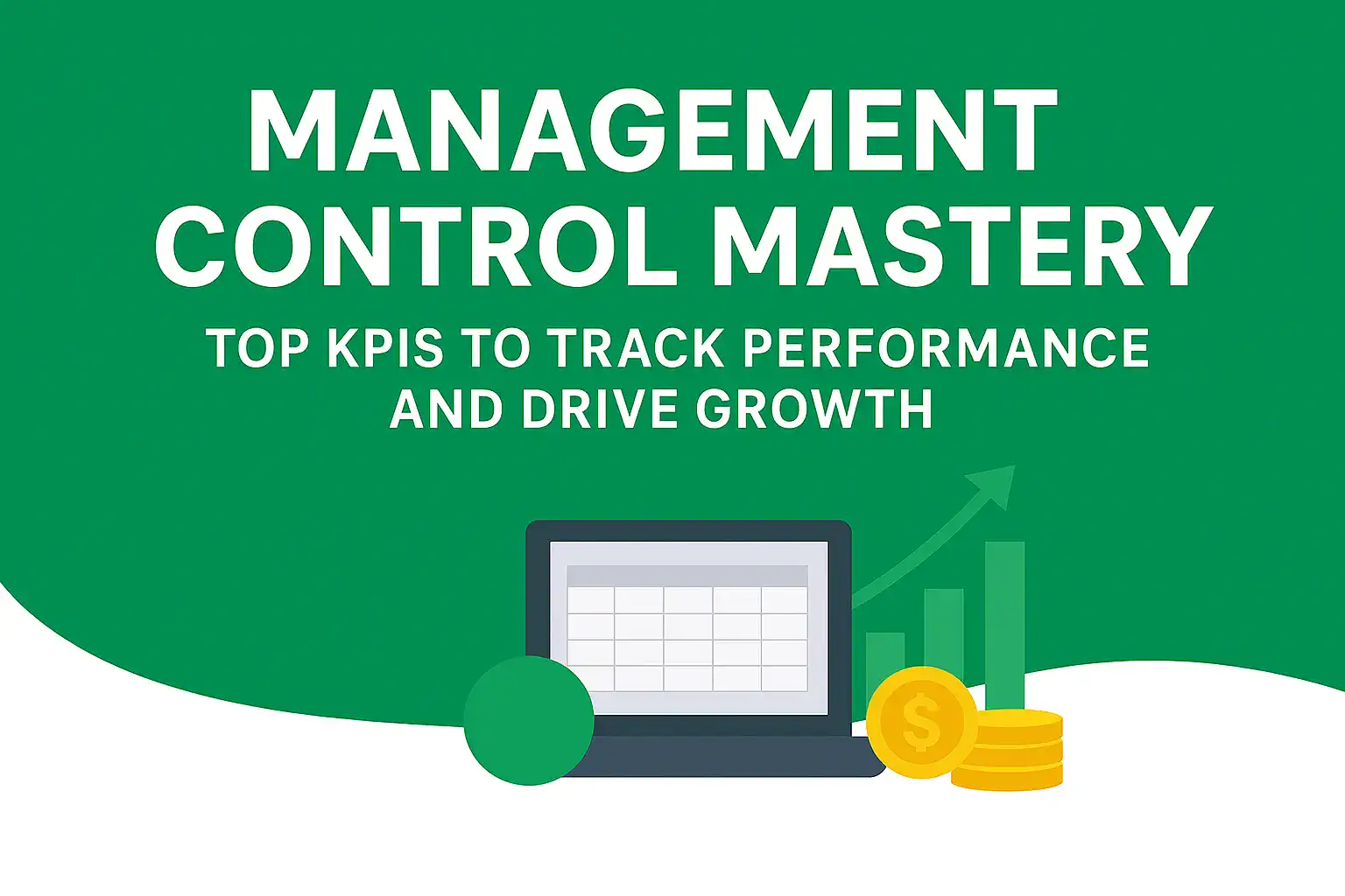 Flat digital illustration showing business professionals analyzing performance dashboards and KPIs for effective management control and growth.