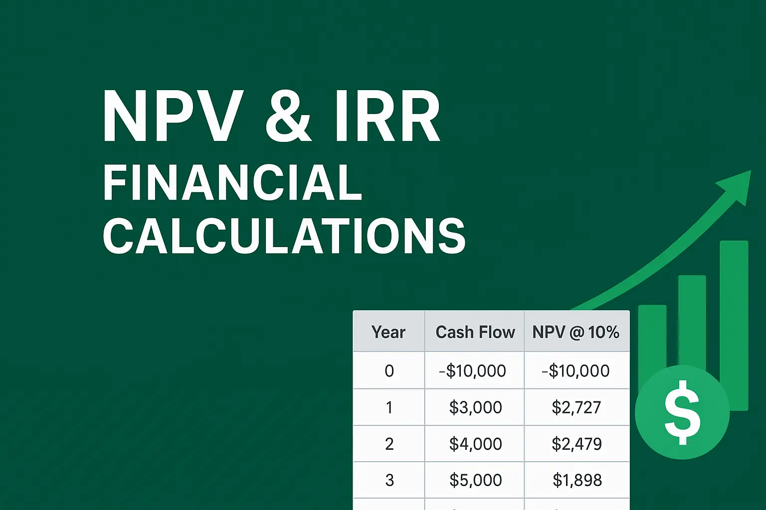NPV and IRR financial calculations in Excel with cash flow table and growth chart
