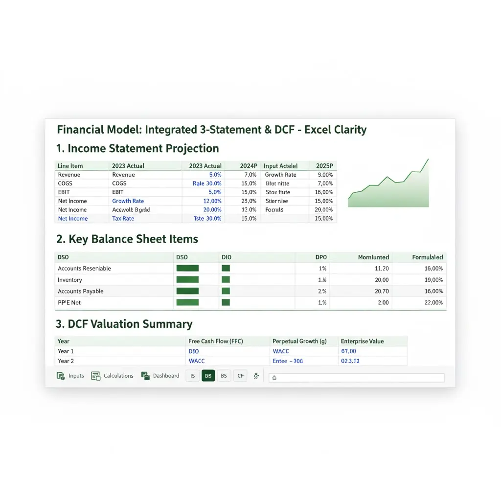 A professional Excel spreadsheet template showing a clean, integrated 3-Statement Financial Model with blue input cells and green calculation linkages
