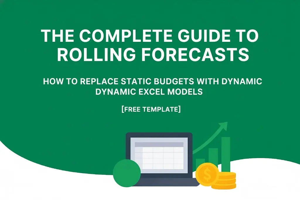Illustration of a laptop with a spreadsheet and financial growth charts on a green background, representing dynamic rolling forecasts.