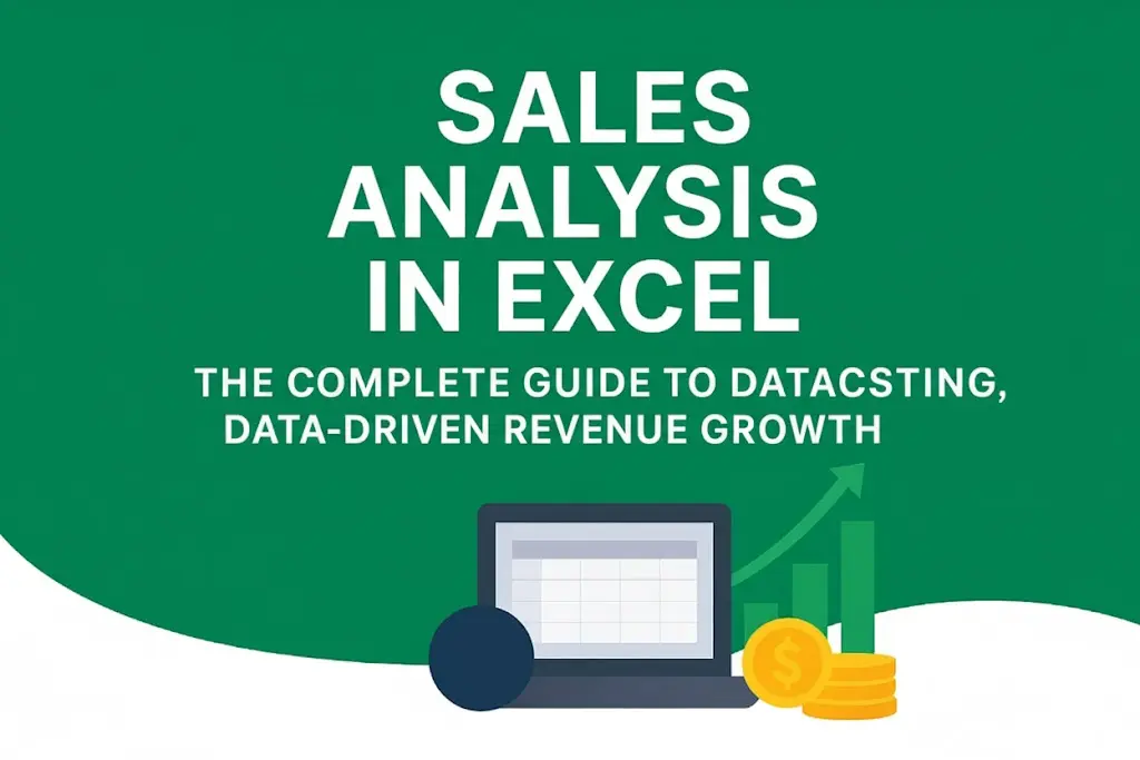 Sales Analysis in Excel featured image showing a laptop with a spreadsheet, a financial growth chart, and gold coins, illustrating data-driven revenue growth.
