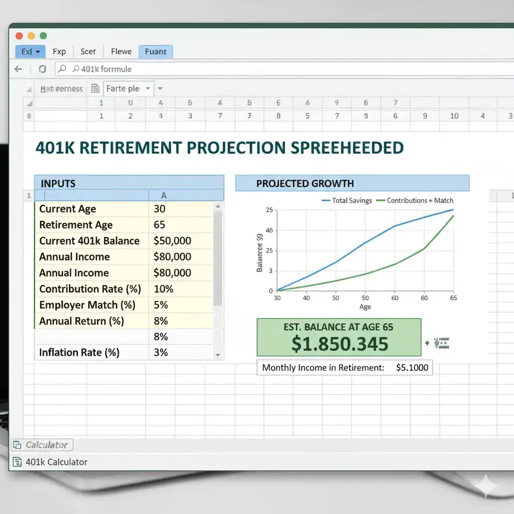 Screenshot of a 401k retirement projection Excel spreadsheet with input fields and a growth chart.