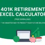 Free 401k retirement Excel calculator shown on a laptop screen with a piggy bank and growth chart.