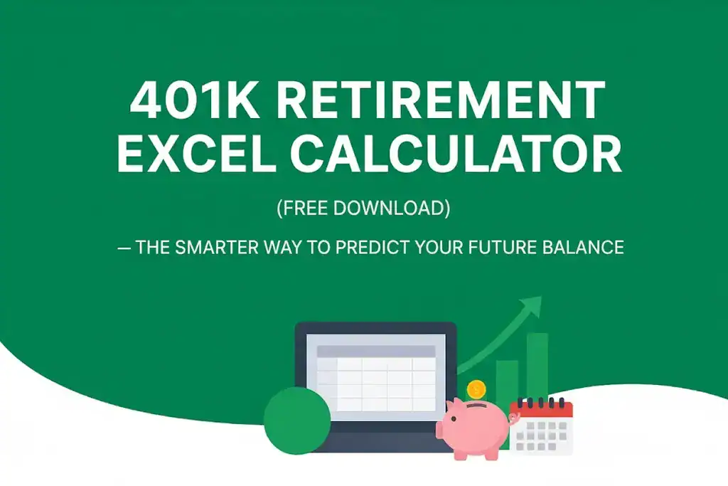Free 401k retirement Excel calculator shown on a laptop screen with a piggy bank and growth chart.