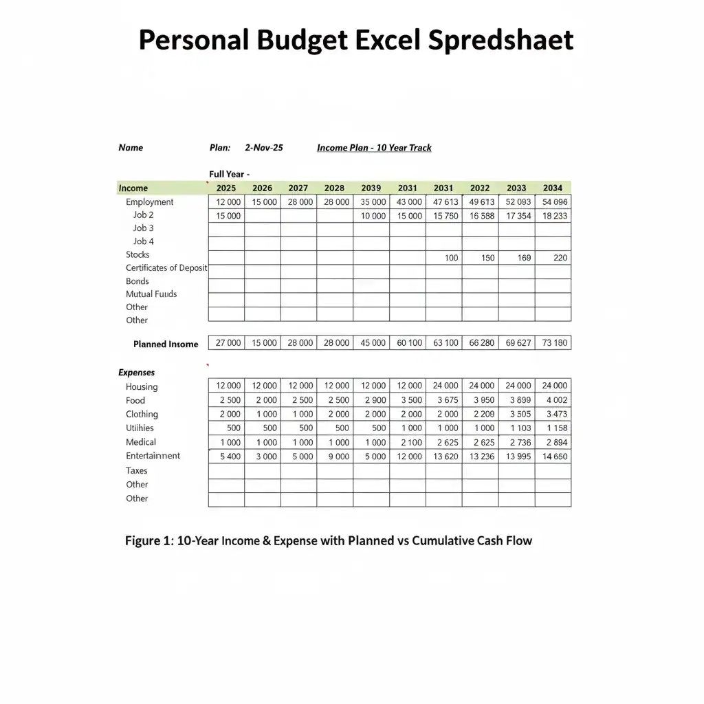 Free personal budget Excel spreadsheet template showing 10-year income and expense forecast with planned versus actual spending comparison