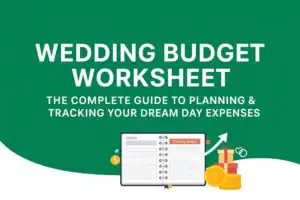 Illustration of an open wedding budget spreadsheet with gold coin and gift icons on a dark green background.