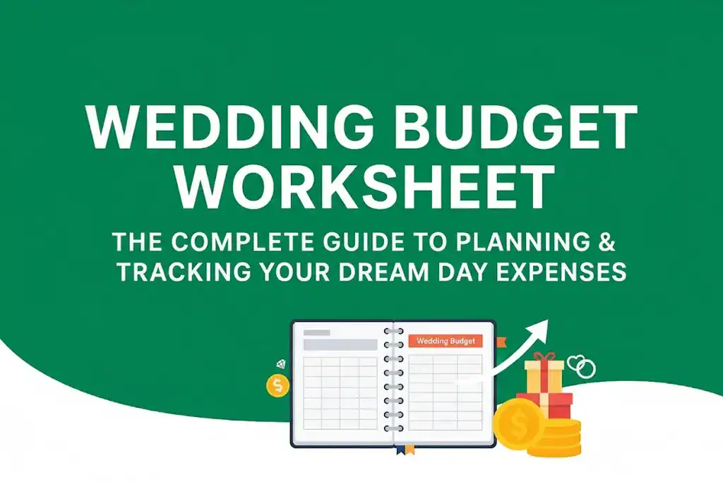 Illustration of an open wedding budget spreadsheet with gold coin and gift icons on a dark green background.