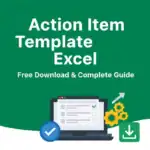 Free Action Item Template Excel download and complete guide for project management, task tracking, and efficient workflow. Features a laptop with a checklist and download icon.