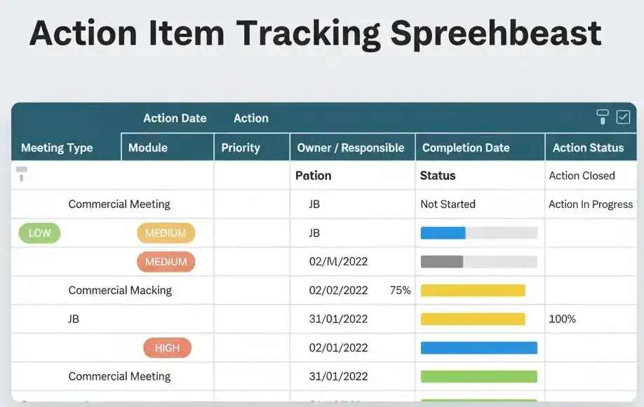 Professional Action Item Tracking Spreadsheet template with status bars, priorities (Low, Medium, High), and completion dates.