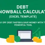 Banner graphique pour le Debt Snowball Calculator (Modèle Excel) affichant un ordinateur portable avec une feuille de calcul et des pièces de monnaie, symbolisant la gestion des dettes et les économies.
