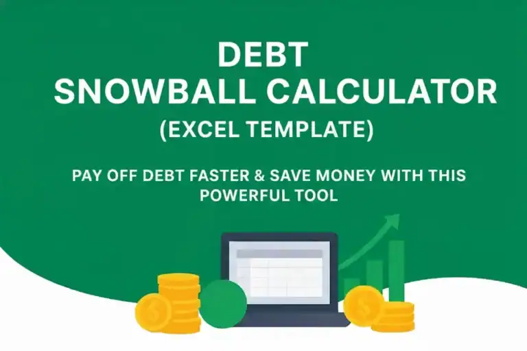Banner graphique pour le Debt Snowball Calculator (Modèle Excel) affichant un ordinateur portable avec une feuille de calcul et des pièces de monnaie, symbolisant la gestion des dettes et les économies.