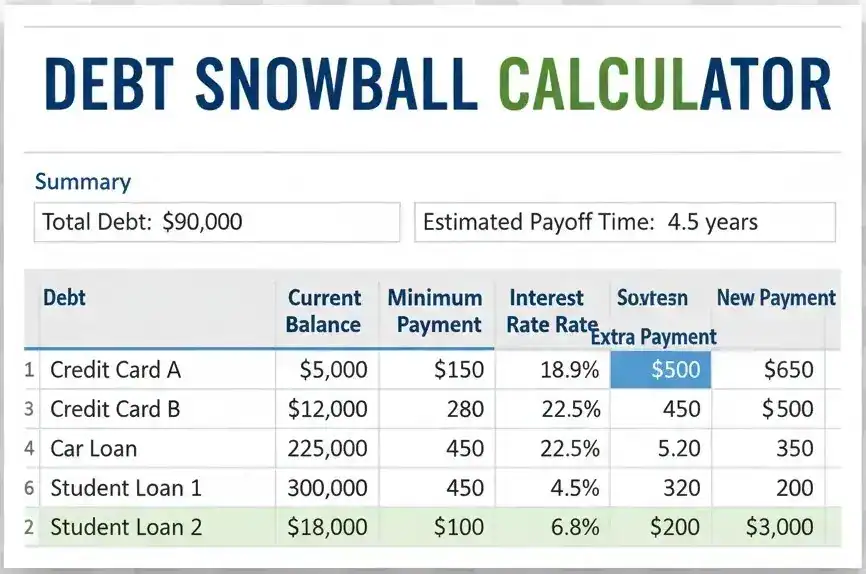 Screenshot of an Excel spreadsheet titled 'DEBT SNOWBALL CALCULATOR'. The sheet displays a table listing various debts (credit cards, car loan, student loans) with their Current Balance, Minimum Payment, Interest Rate, suggested Extra Payment, and New Payment. A 'Summary' section shows a 'Total Debt' of $90,000 and an 'Estimated Payoff Time' of 4.5 years. The background of the image is a black and white checkerboard pattern, indicating transparency.