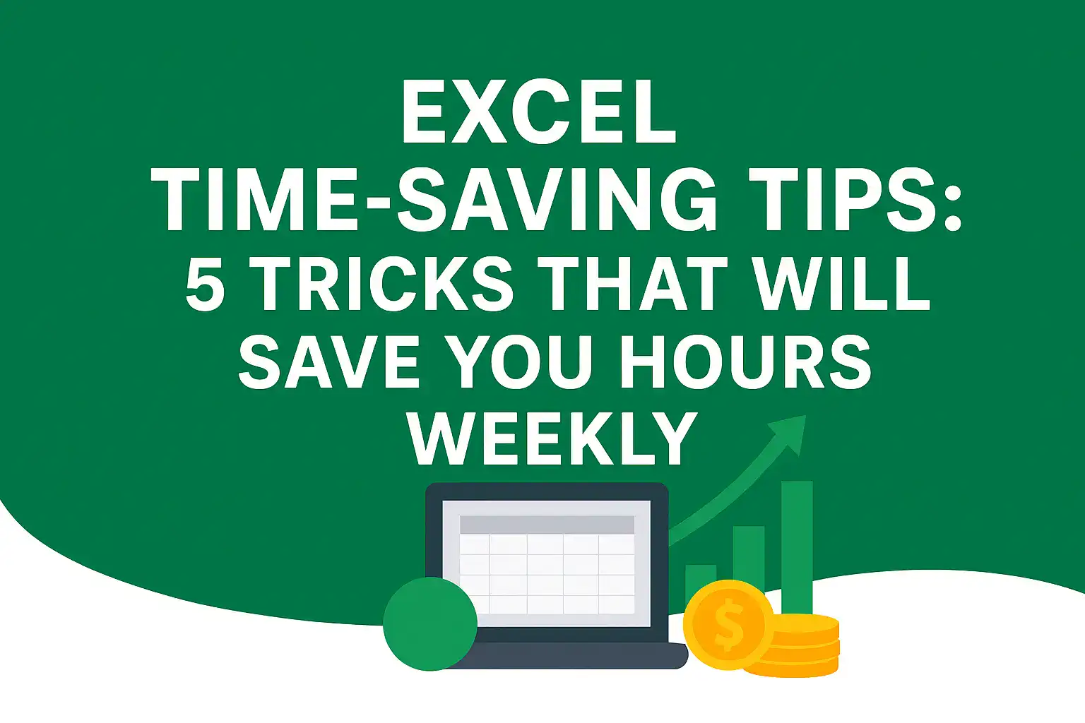 Excel time-saving tips banner with laptop and growth icons